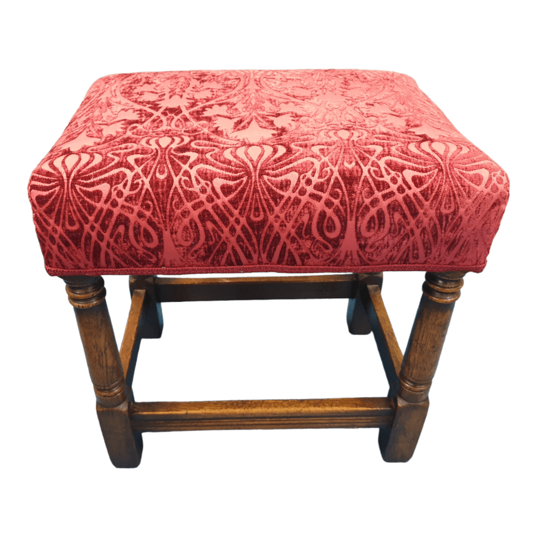 Oak footstool art deco red patterned fabric