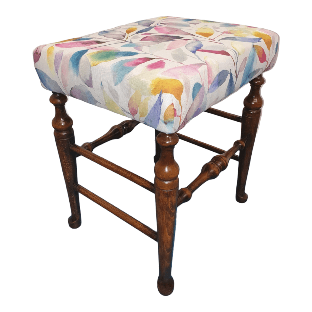 Oak stool reupholstered in cotton multi coloured leaf fabric - Image 3