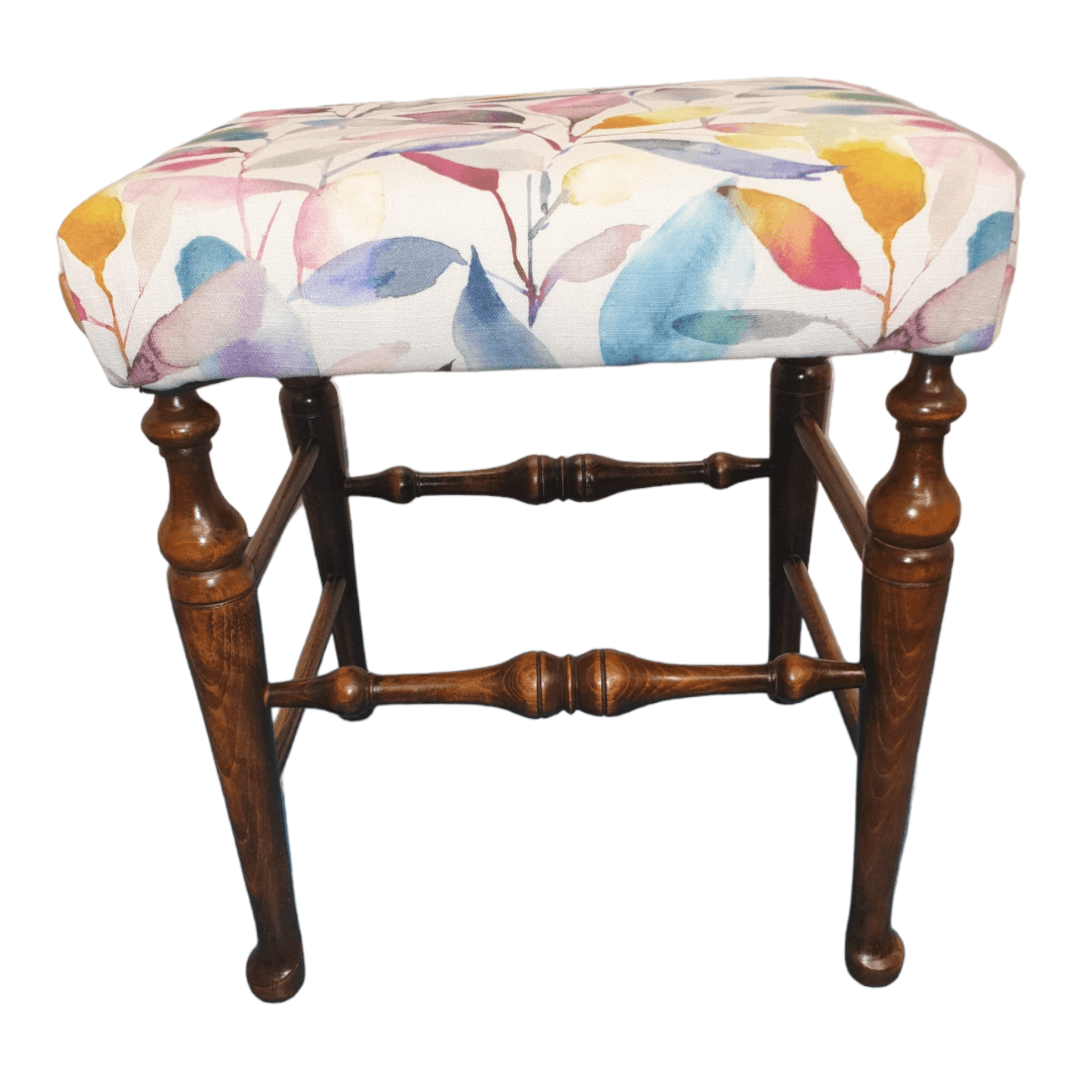 Oak stool reupholstered in cotton multi coloured leaf fabric - Image 2